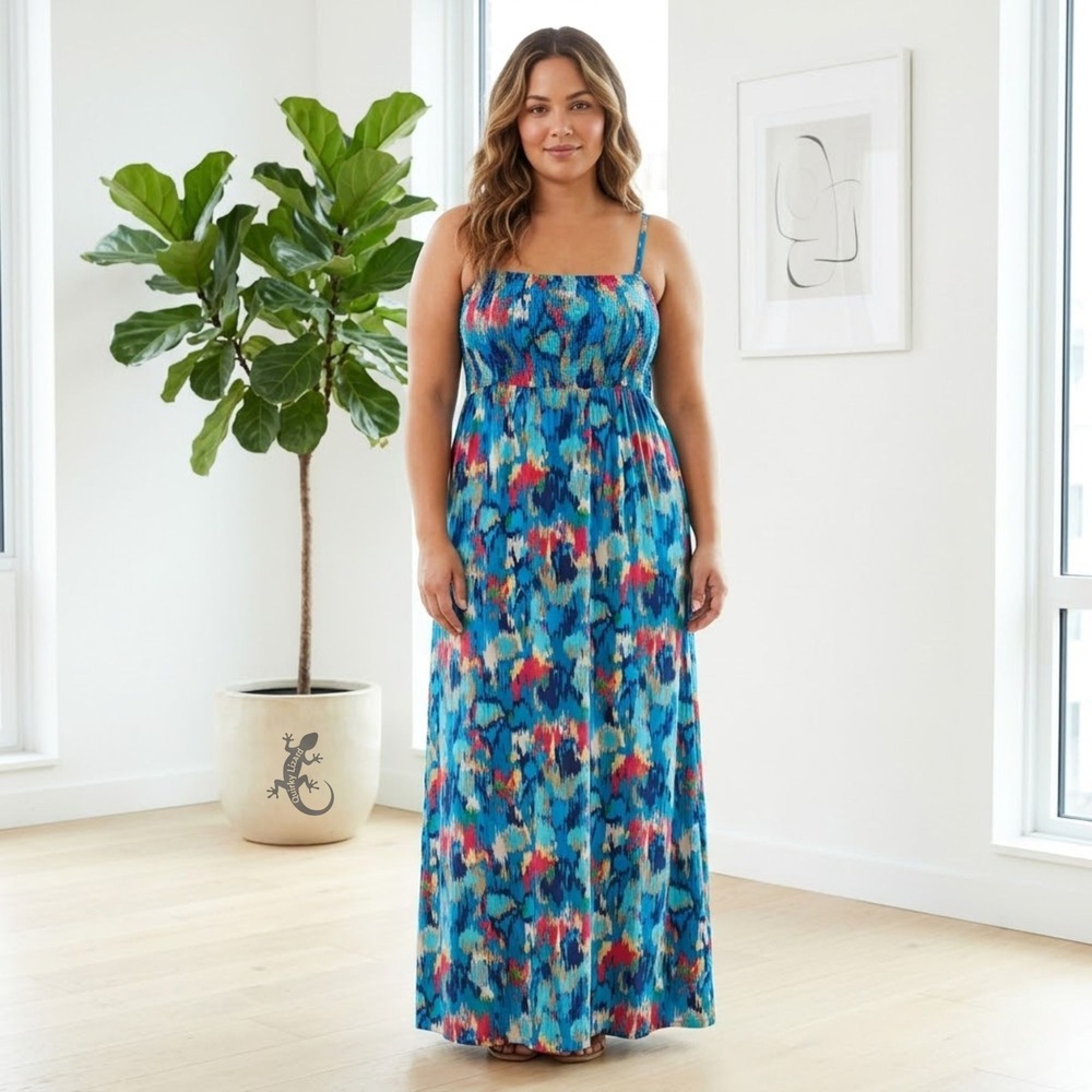 Lane Bryant Maxi Dress Womens 14/16 Blue Abstract Ikat Smocked Bodice Pockets